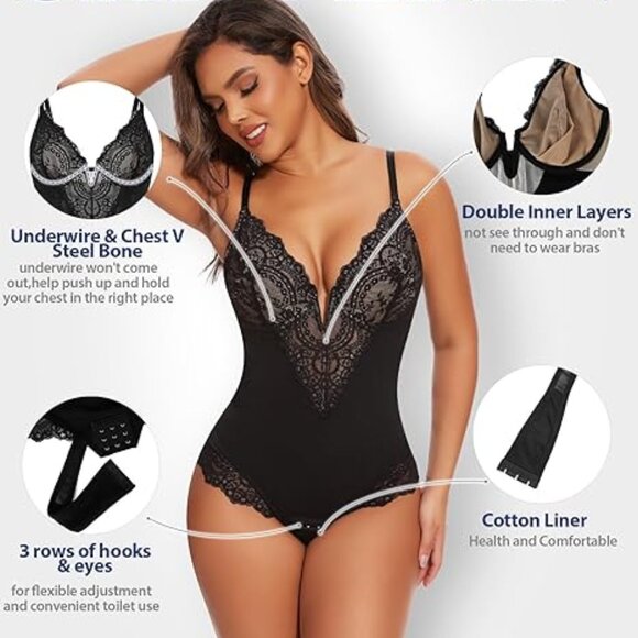 Sexy Lace Shapewear Bodysuit Women's Sleeveless V Neck Tummy Control Backless - Picture 2 of 7